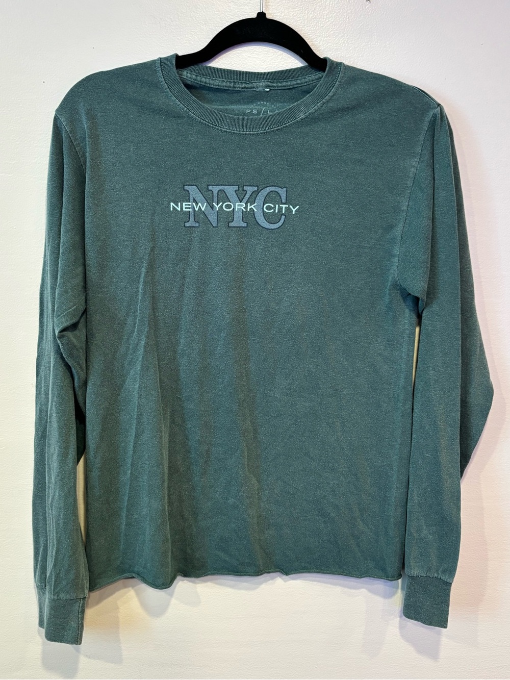 PacSun PS/LA Faded Teal Green NYC Vintage Inspired Long Sleeve Graphic Tee XS